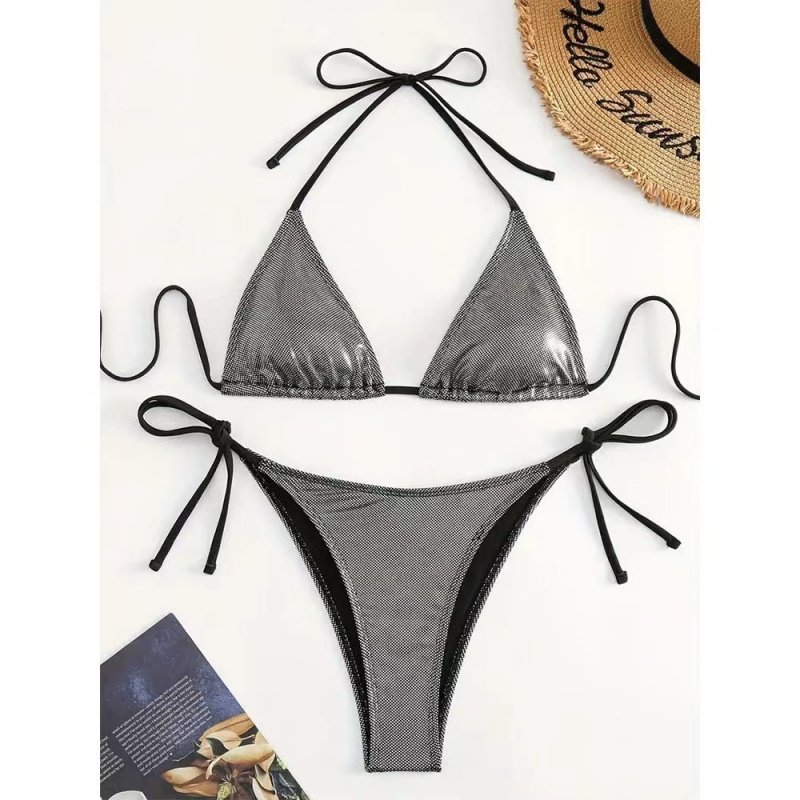Nya 2025 europeiska och amerikanska-stilfast-färg snörda sexiga två-bit baddräkt för kvinnor. Tre-bit strandbikini i metallfärg 8865 Pris:$79.99